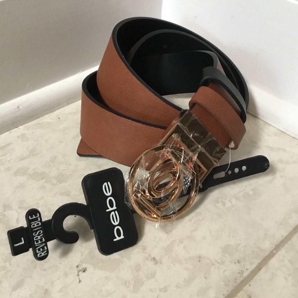 NWT BEBE black brown Reversible Vegan wide belt L